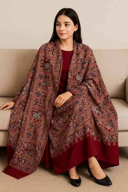 Premium Kalamkar Embroidered Pashmina Shawl  Deep Maroon