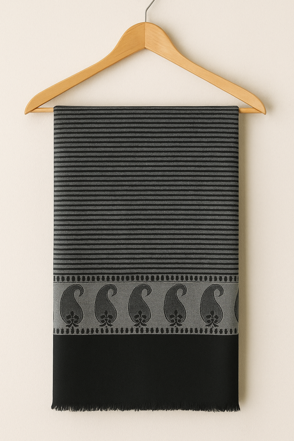 Black & Grey Striped Pashmina Shawl with Paisley Border