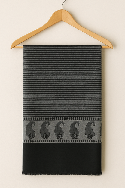 Black & Grey Striped Pashmina Shawl with Paisley Border