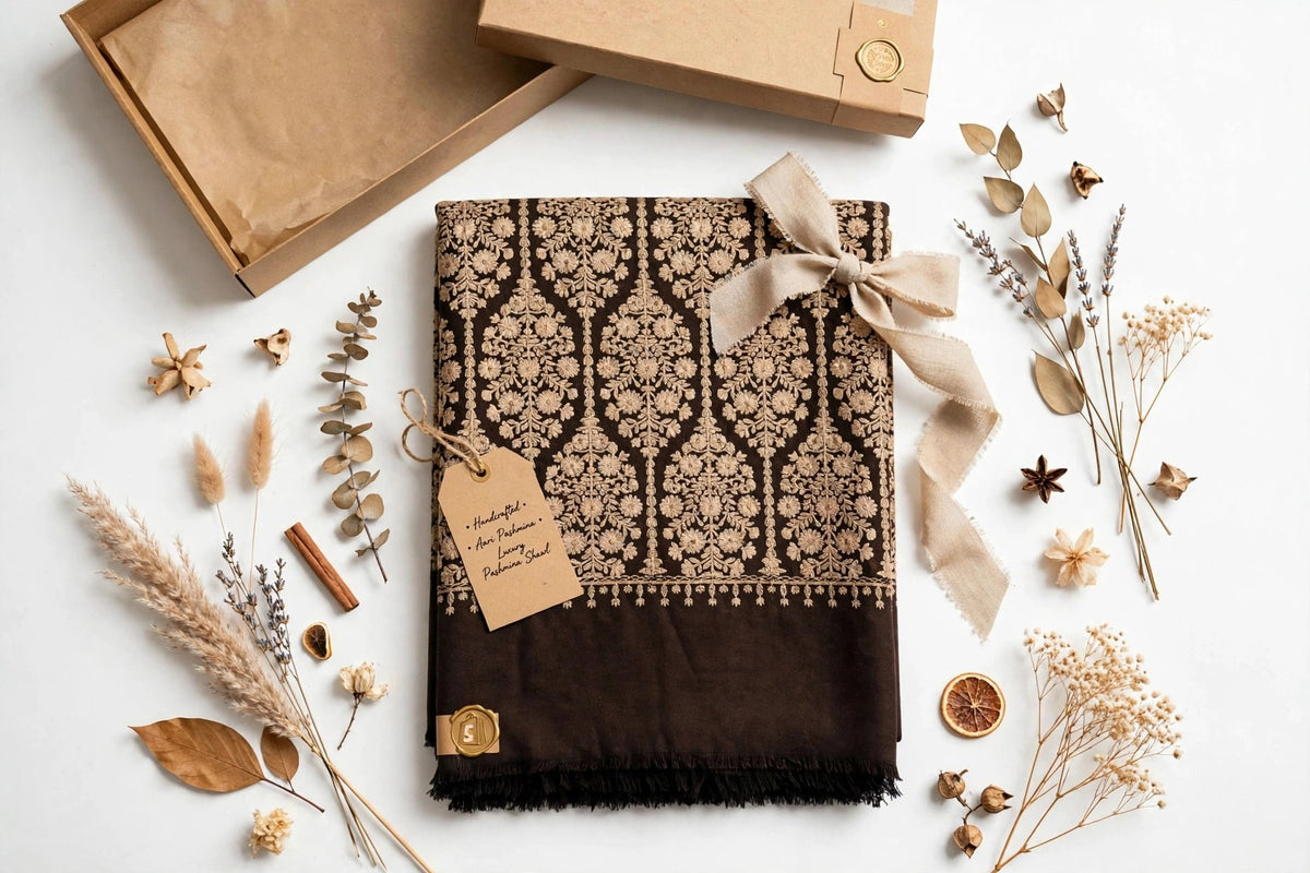 Women's Dark Brown & Black Aari Work Shawl - Full Embroidered Pashmina Wool Shawl