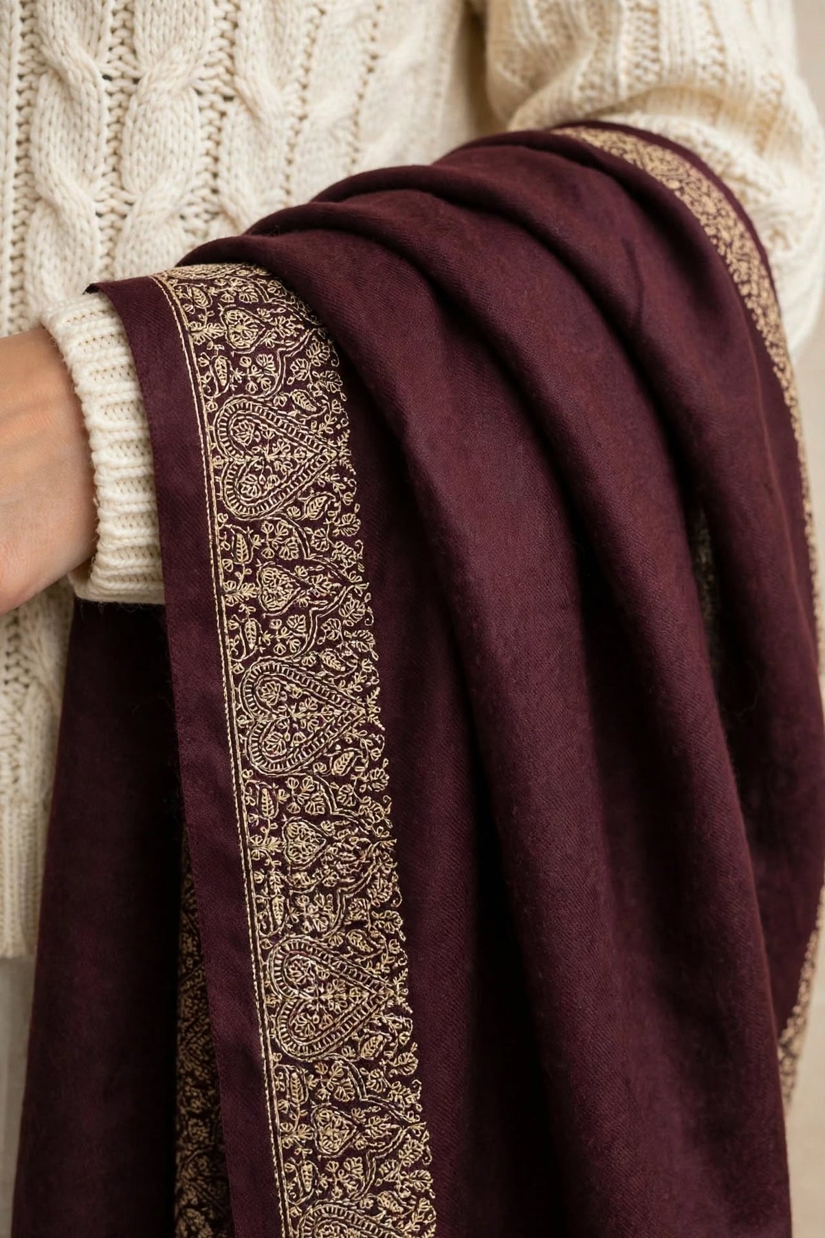 Plum Embroidered Pashmina Shawl - Gold Zari Paisley Border - Soft Wool Winter Shawl