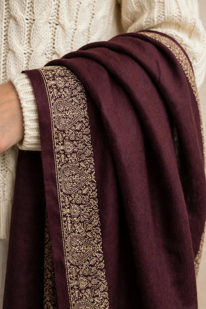 Plum Embroidered Pashmina Shawl - Gold Zari Paisley Border - Soft Wool Winter Shawl