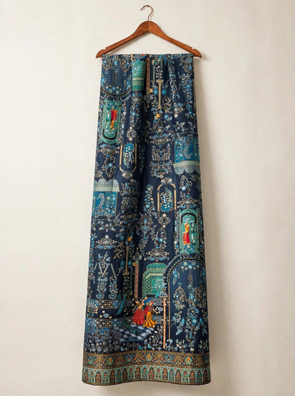 Teal Blue Mughal Darbar Minakari Shawl - Premium Kaani Pashmina Shawl