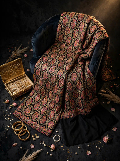 Black Pashmina Shawl with Multicolor Aari Embroidery
