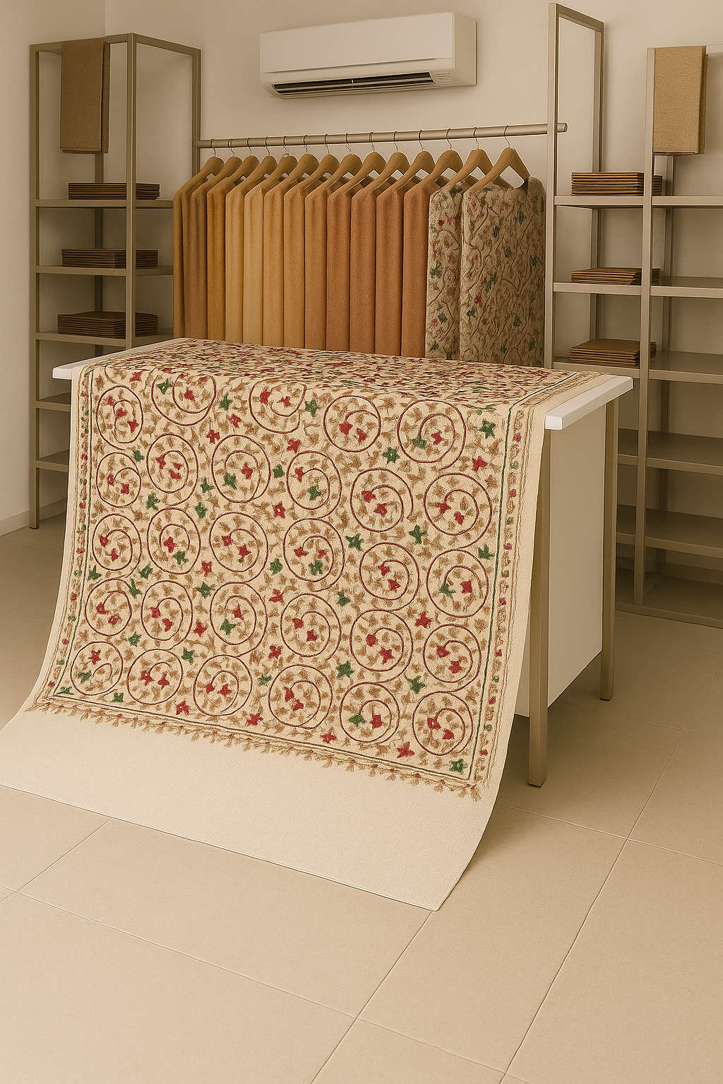 Embroidered Pashmina Shawl Ivory Base with Multicolor Floral Motif