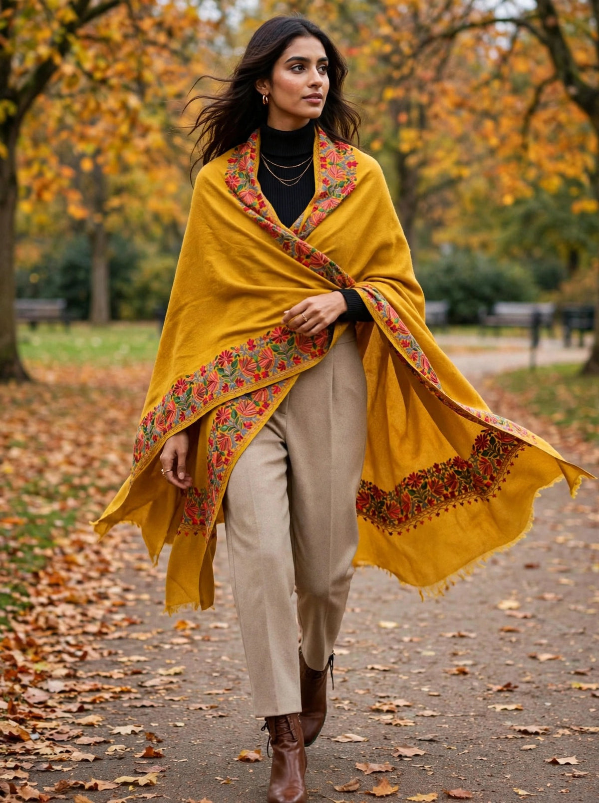 Mustard Bloom -Embroidered Pure Pashmina Shawl with Kashmiri Aari Border