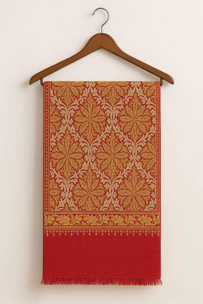 Lightweight Pashmina Aari Embroidery Shawl Red & Golden Elegance
