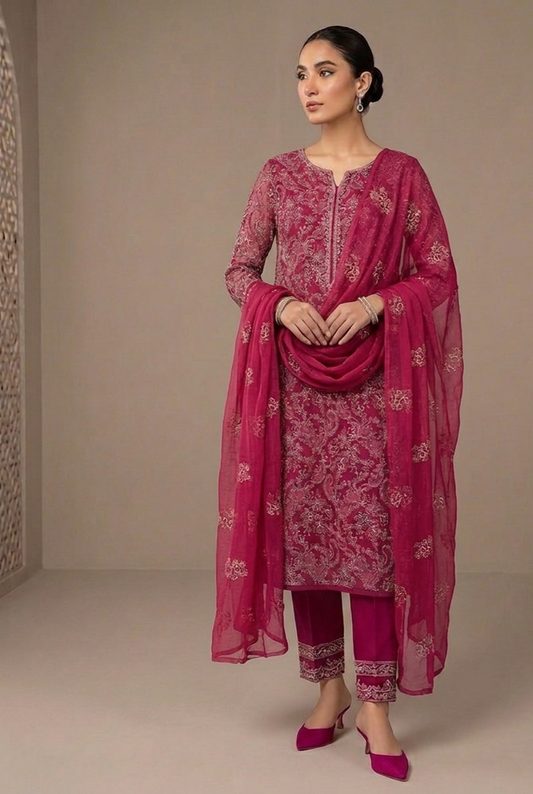 Luxury Magenta Pashmina Unstitched Suit | Laser-Cut Embroidery & Chiffon Dupatta