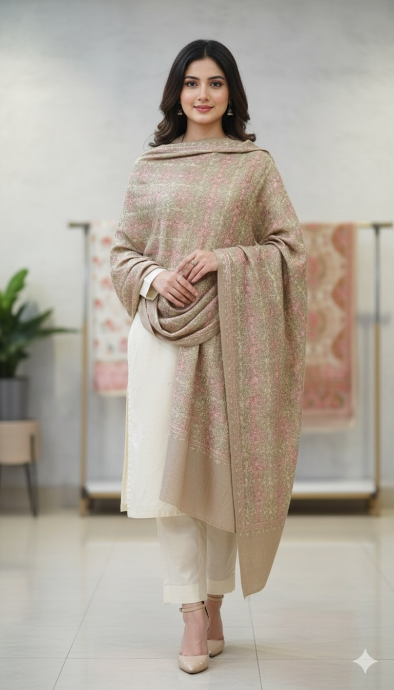 Elegant Beige & Pink Handwoven Pashmina Shawl