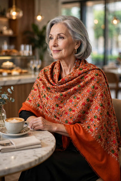 Rust Orange Pashmina Shawl with Aari Embroidery