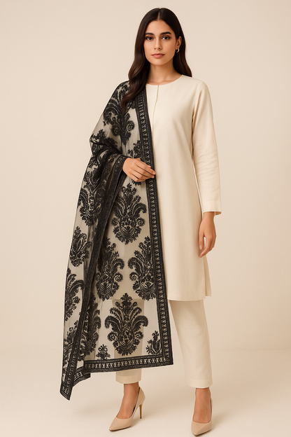 Soft Organza Aari Embroidery Dupatta  Black on Off-White
