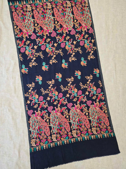 Midnight Peacock Navy Blue Fully Embroidered Pashmina Shawl