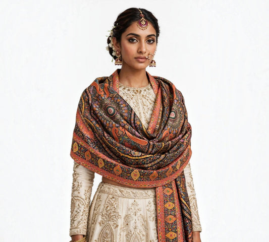 Royal Heritage Black Multicolor Kaani Jama Zari Shawl