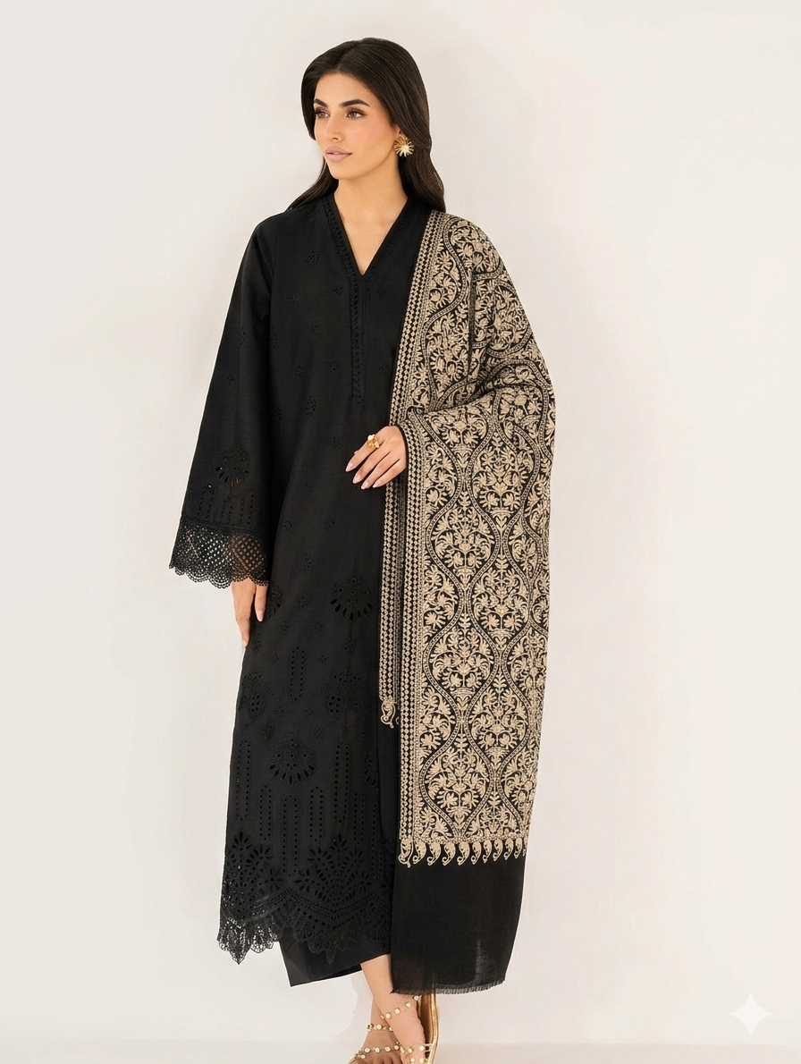 Pashmina Embroidered Shawl Matka Design | Kashmiri Aar Work Embroidery | Black With Skin