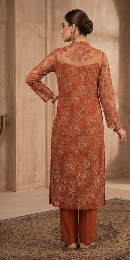 Rust Embroidered Bareeze Net & Chiffon Ensemble