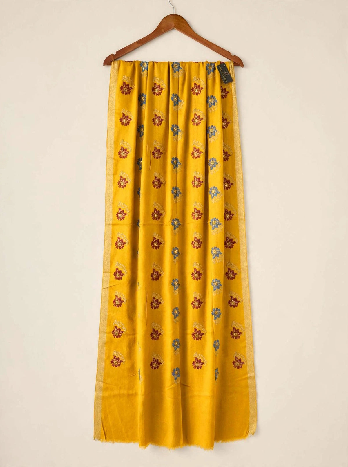 Mustard Bloom - Embroidered Pashmina Shawl with Floral Booti & Zari Border