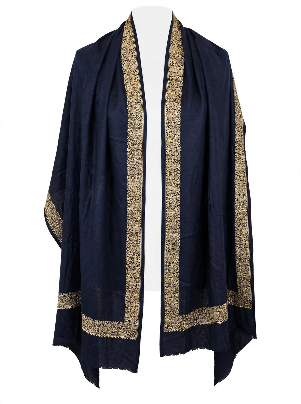 Navy Blue Pashmina Shawl with Gold Zari Paisley Border