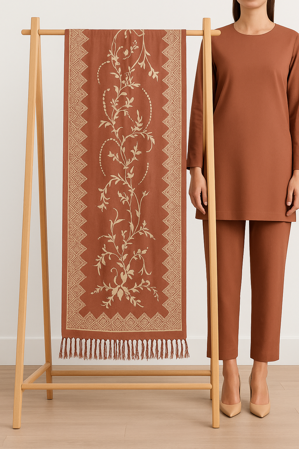 Elegant Printed Pashmina Shawl  Rust Beige Floral