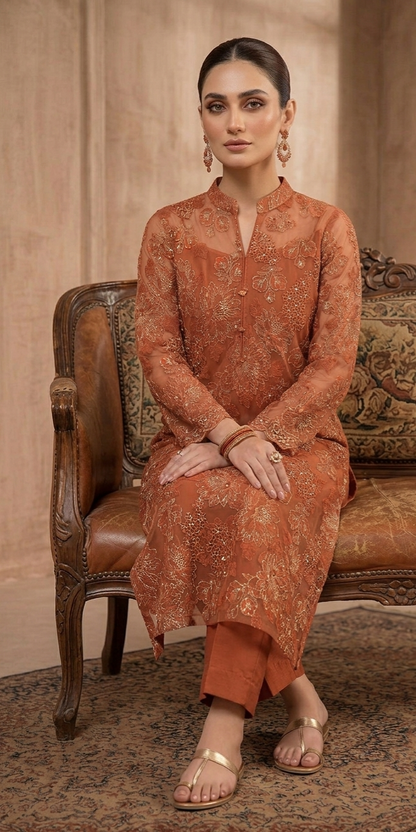 Rust Embroidered Bareeze Net & Chiffon Ensemble