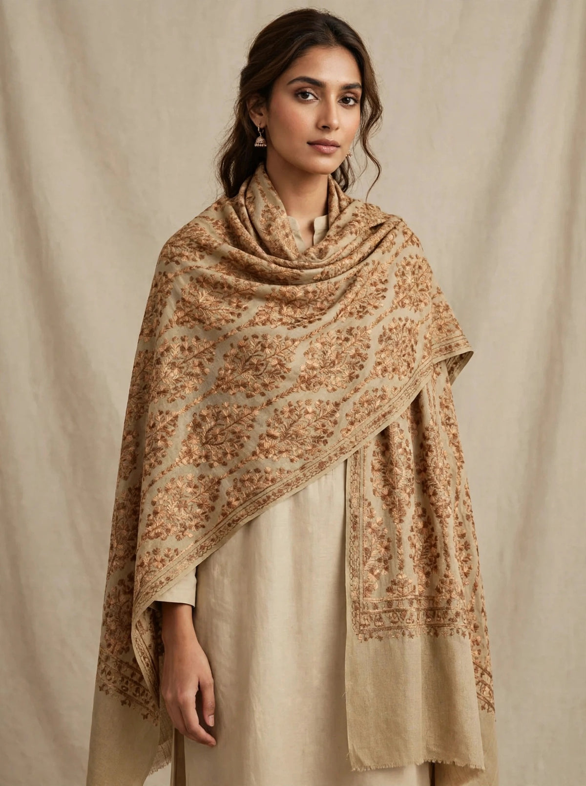 Noor Beige -aari  Embroidered Pashmina Shawl with Aari Work