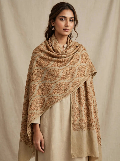 Noor Beige -aari  Embroidered Pashmina Shawl with Aari Work
