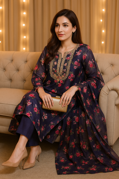 Floral gota hand embroidery neckline