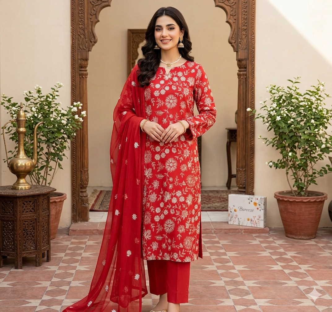 Bareeze Embroidered 3-Piece Lawn Suit – Crimson Floral