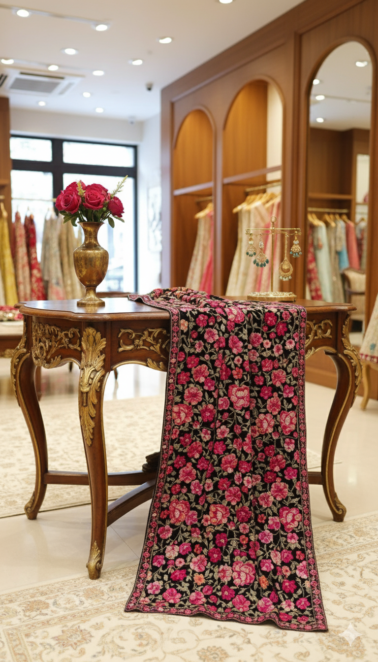 Luxury Velvet Embroidered Shawl – Floral Grandeur