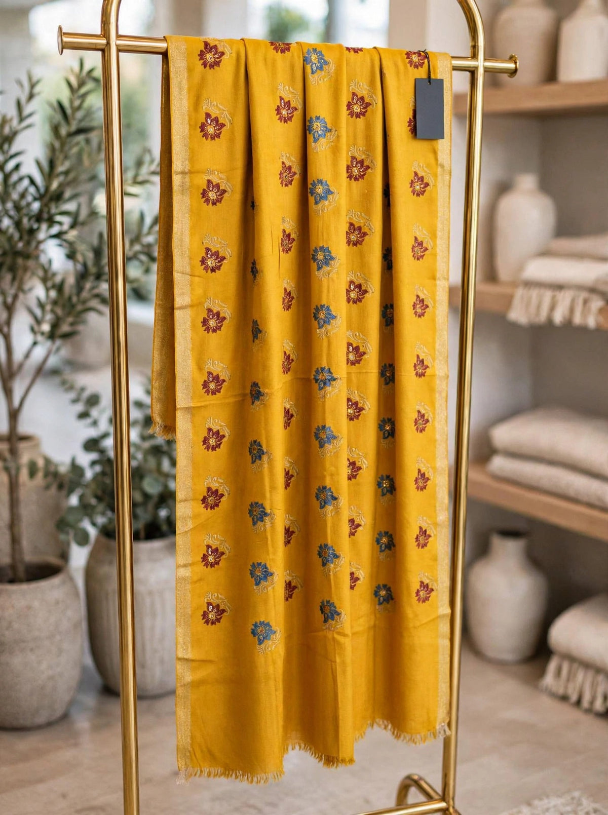 Mustard Bloom - Embroidered Pashmina Shawl with Floral Booti & Zari Border