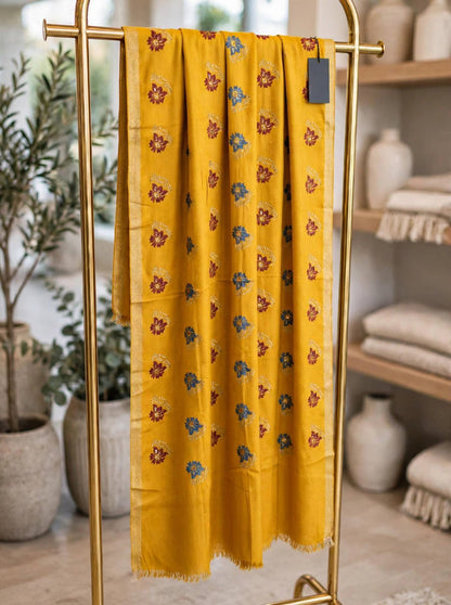 Mustard Bloom - Embroidered Pashmina Shawl with Floral Booti & Zari Border