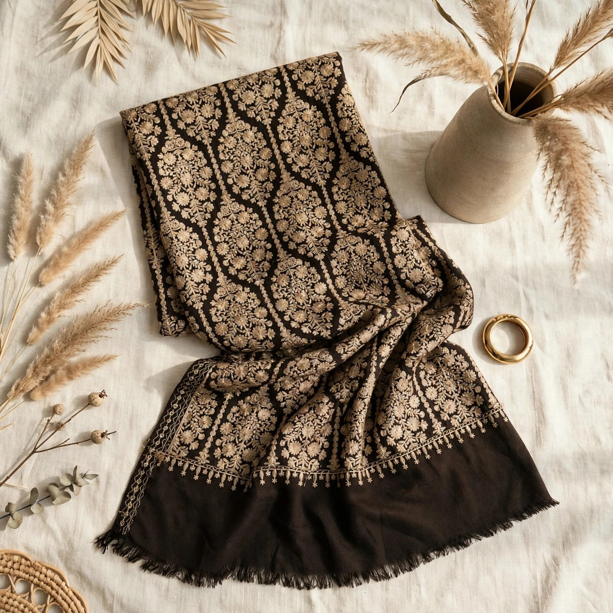 Women's Dark Brown & Black Aari Work Shawl - Full Embroidered Pashmina Wool Shawl
