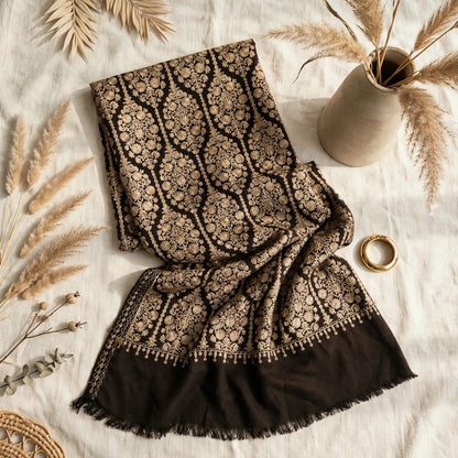 Women's Dark Brown & Black Aari Work Shawl - Full Embroidered Pashmina Wool Shawl