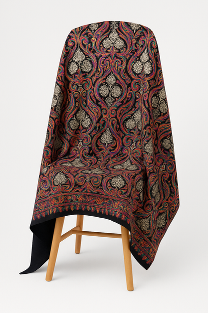 Luxury Kashmiri Aari Embroidered Pashmina Shawl Midnight Black