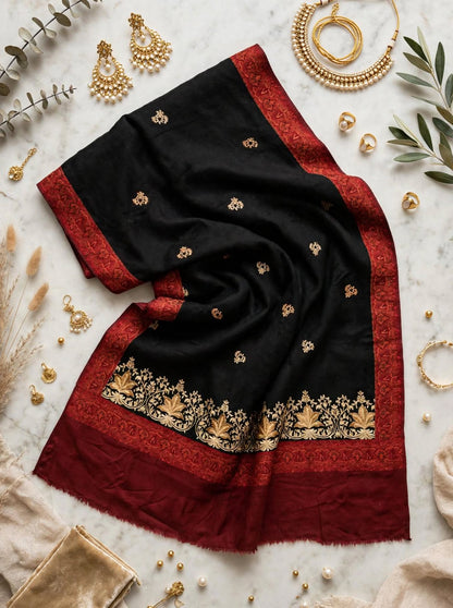 Noor-e-Chinar - Black & Maroon Gold Embroidered Pashmina Shawl Authentic Kashmiri Booti Shawl