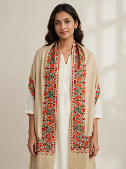 Beige Bloom - Pure Pashmina Aari Embroidered Shawl | Handmade Kashmiri Floral Border