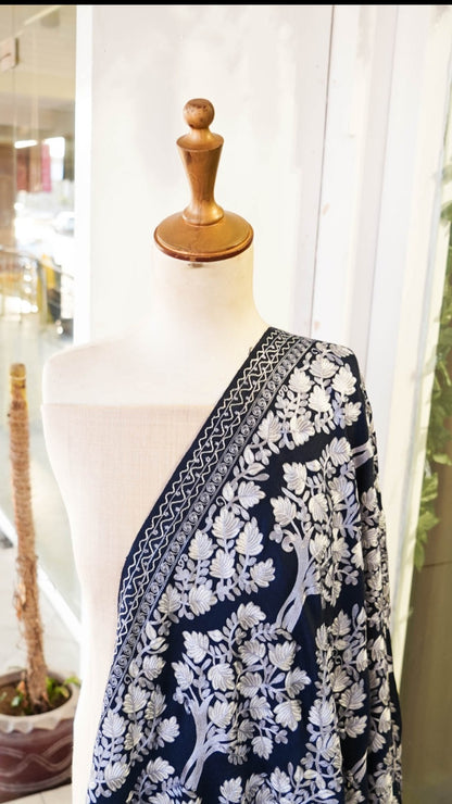 Navy Blue Aar Embroidered Pashmina Shawl  Tree of Life Design