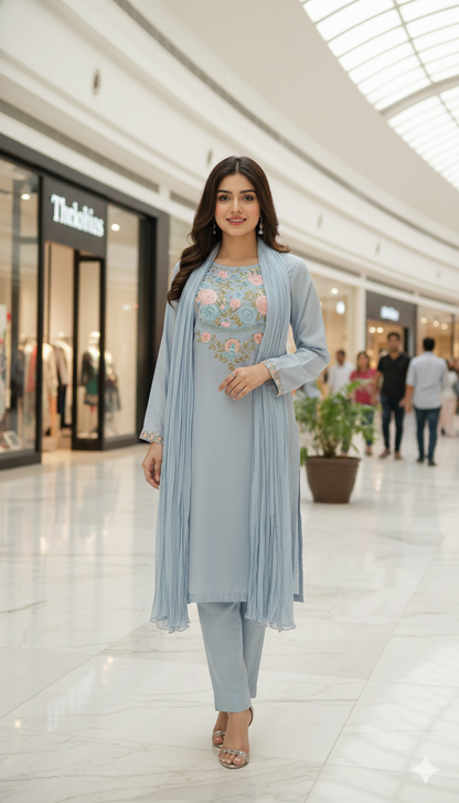 Powder Blue Embroidered Cotton Salwar Kameez Set  Floral Neckline & Sleeve Embroidery with Crushed Dupatta – Ready to Wear 3-Piece Suit
