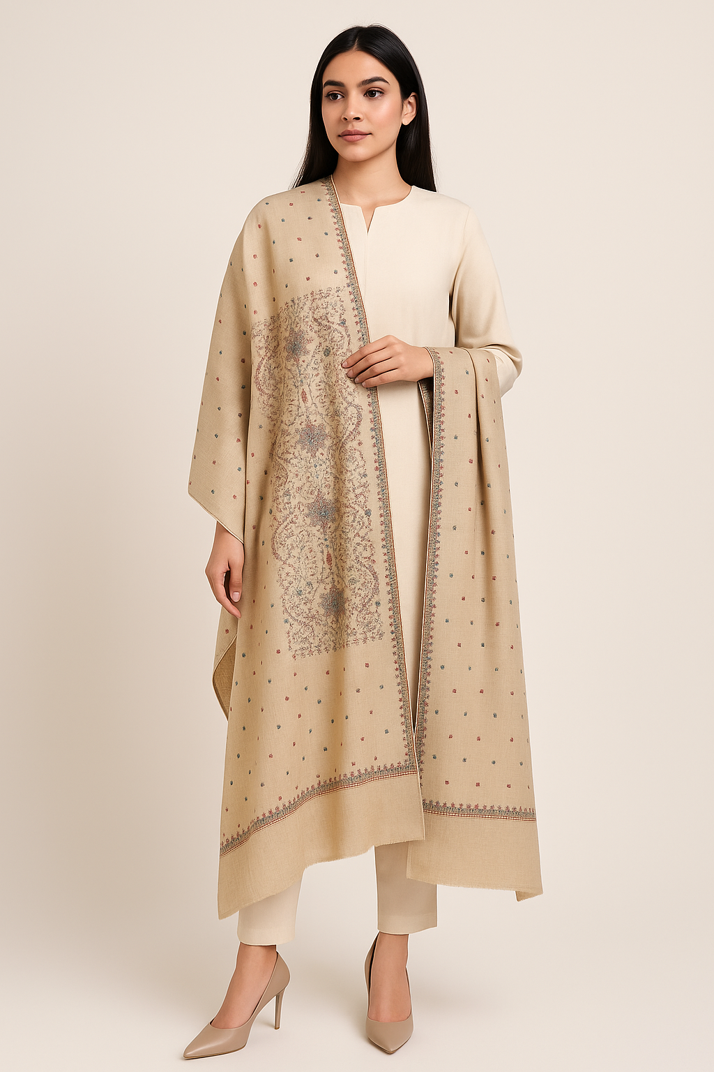 Luxury Needle Embroidered Pashmina Shawl Beige Elegance