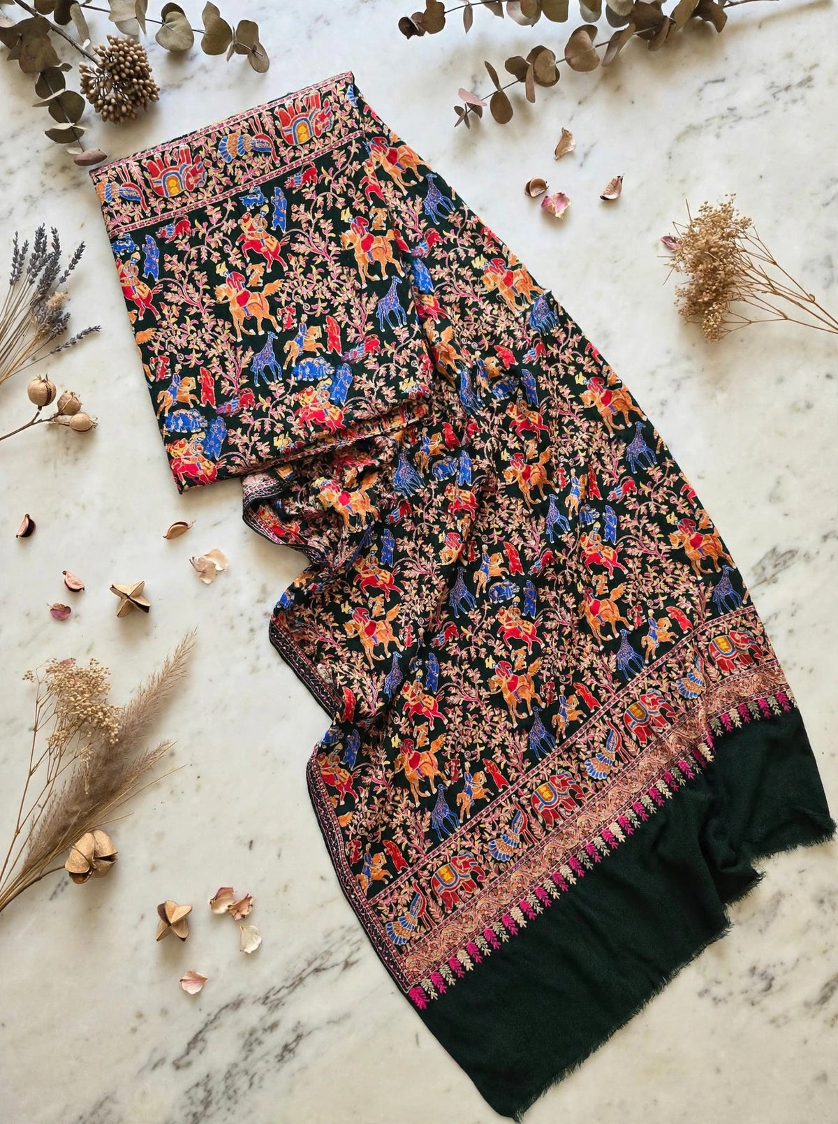 Bottle Green Shikargah Pashmina Shawl | Pure Pashmina Nalki Embroidery | Luxury Wrap