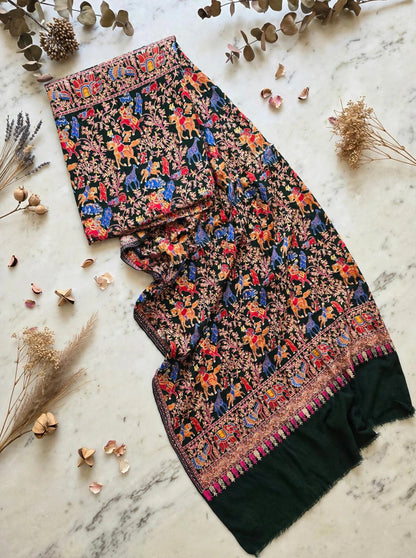Bottle Green Shikargah Pashmina Shawl | Pure Pashmina Nalki Embroidery | Luxury Wrap