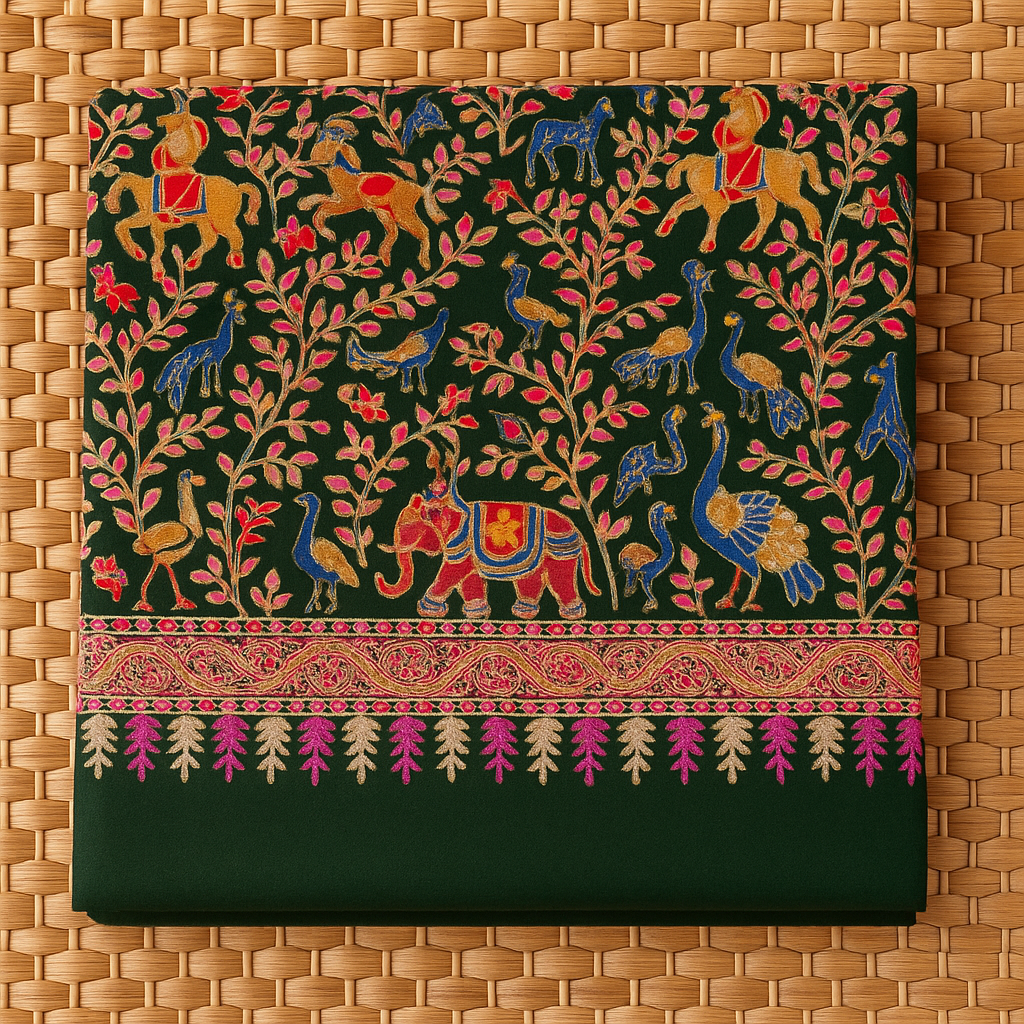 Handcrafted Pashmina Shawl with Multicolor Animal Embroidery Deep Green