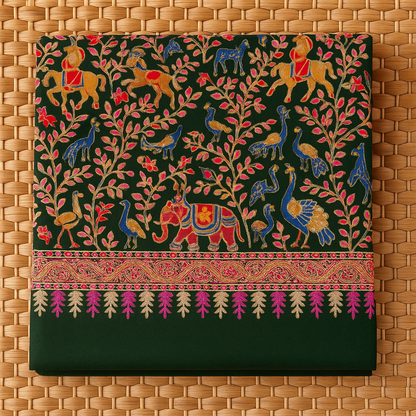 Handcrafted Pashmina Shawl with Multicolor Animal Embroidery Deep Green