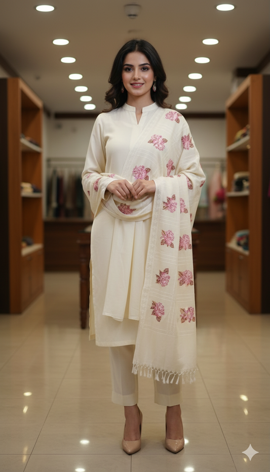 Ivory Pashmina Shawl with Pink Floral Embroidery