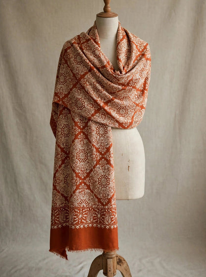 Rust Orange Nalki Embroidered Pashmina Shawl