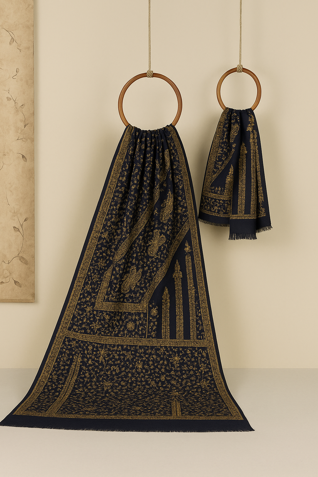 Luxury Dark Blue Pashmina Shawl with Golden Embroidery