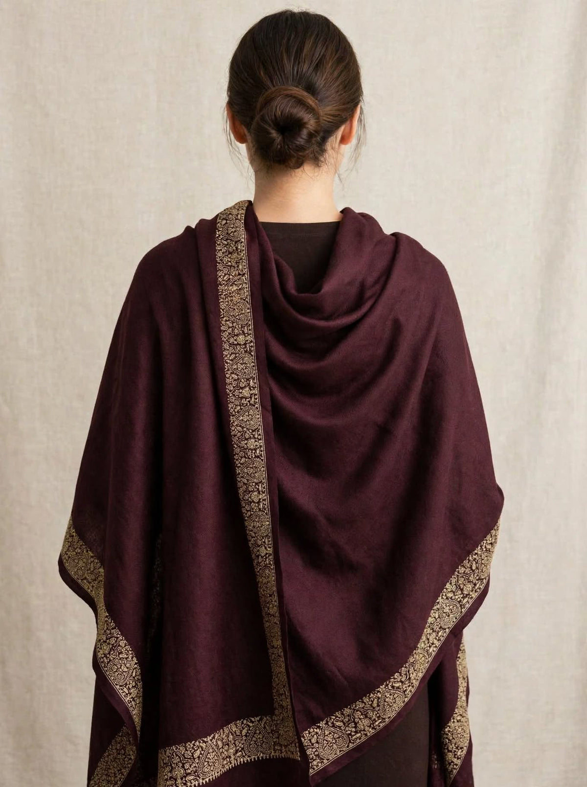 Plum Embroidered Pashmina Shawl - Gold Zari Paisley Border - Soft Wool Winter Shawl