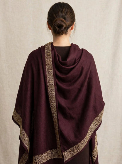 Plum Embroidered Pashmina Shawl - Gold Zari Paisley Border - Soft Wool Winter Shawl