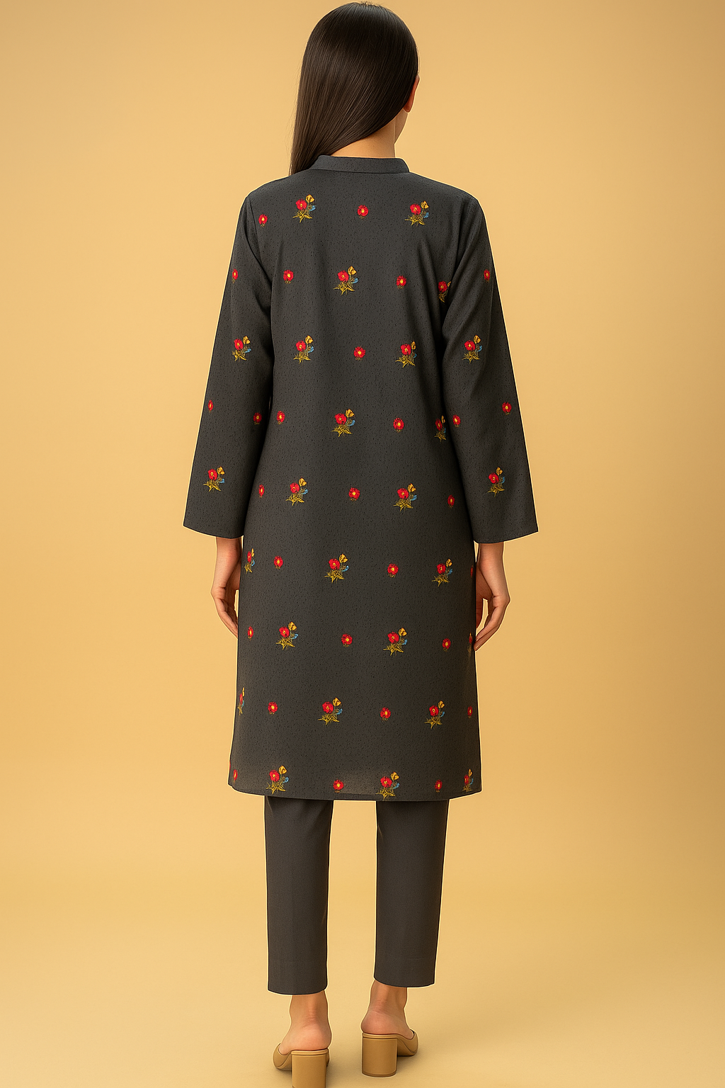 Chikankari Embroidered Lawn Unstitched Shirt Dark Grey Floral Motif