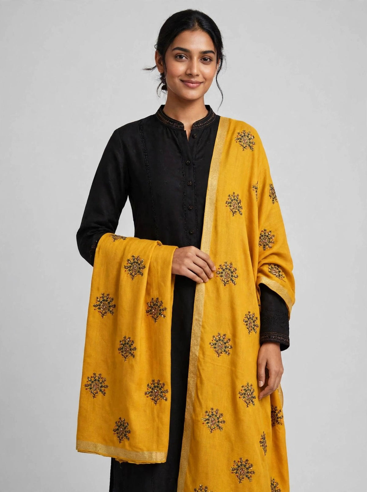 Mustard Embroidered Pashmina Shawl with Gold Zari Border | Booti Work Winter Shawl for Women