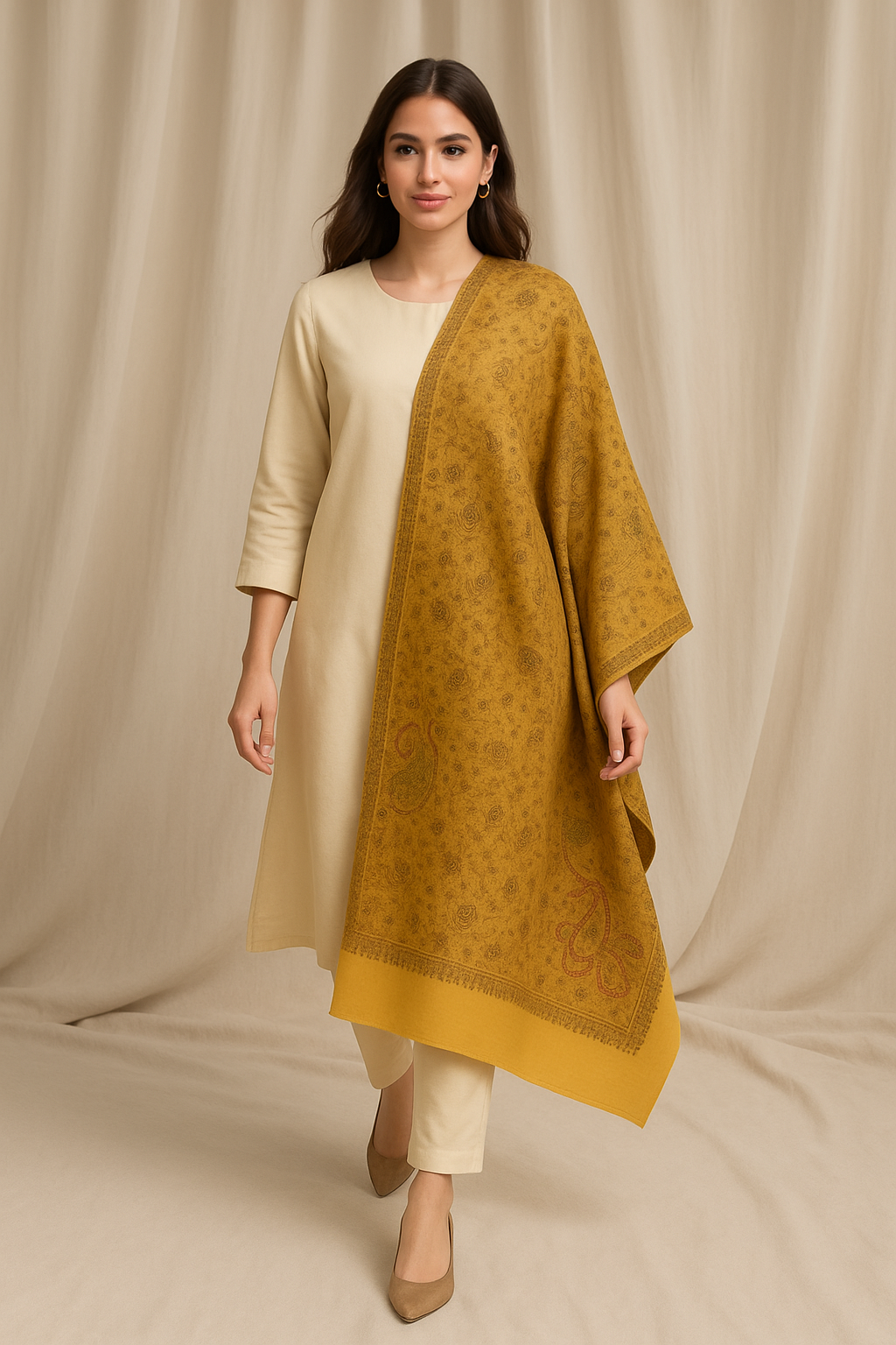 Mustard Pashmina Shawl with Intricate Needle Embroidery